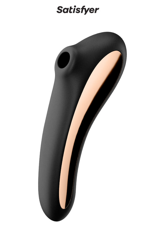 La marque Satysfier propose le stimulateur féminin Dual Kiss noir qui offre une stimulation différente selon l'extrém...