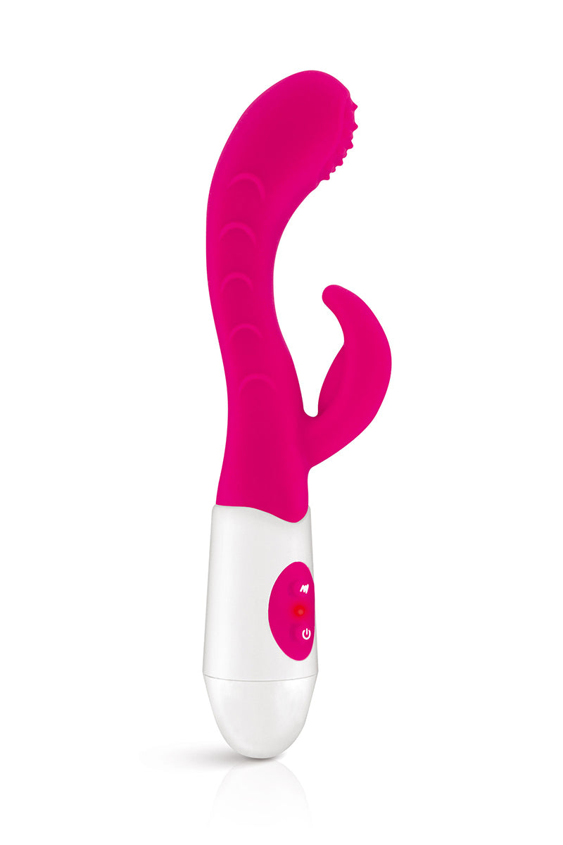 Vibromasseur Rabbit Leola rose de la marque Yoba, offrant 10 modes de vibrations et une stimulation simultanée du cli...