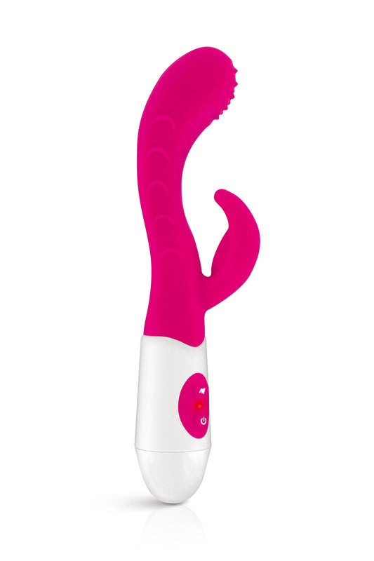 Vibromasseur Rabbit Leola rose de la marque Yoba, offrant 10 modes de vibrations et une stimulation simultanée du cli...