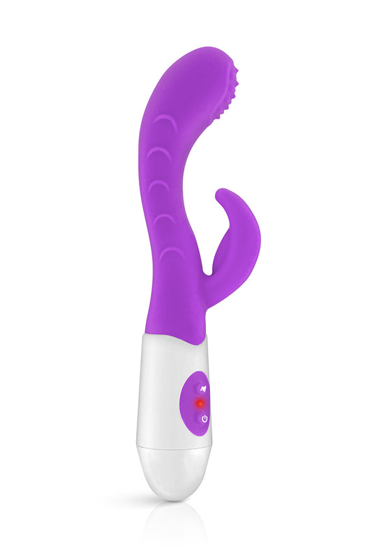 Vibromasseur Rabbit Leola violet de la marque Yoba, offrant 10 modes de vibrations et une stimulation simultanée du c...