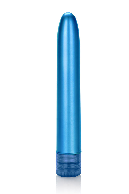 La marque Calexotics présente le vibro Metallic Shimmer bleu, un sextoy lisse à la forme bombée intemporelle et au de...